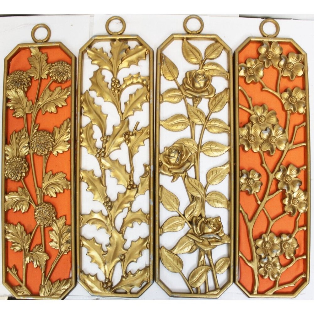 Vtg Midwest 4 Seasons Metal Set Wall Decor Plaque Metal Dogwood Rose Holly Flowe